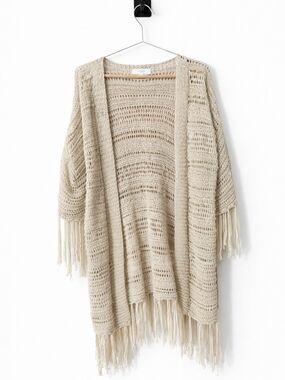 Umgee Open Knit Fringe Poncho Cardigan — Cream